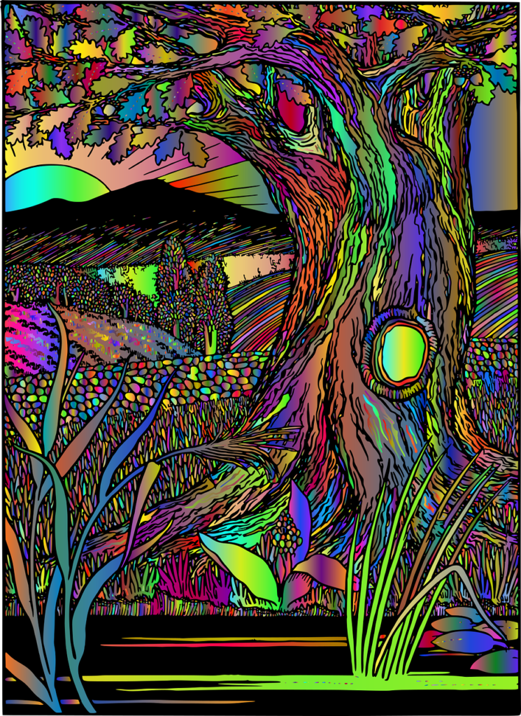 Psychedelic art featuring colorful abstract patterns and mushroom spores motifs